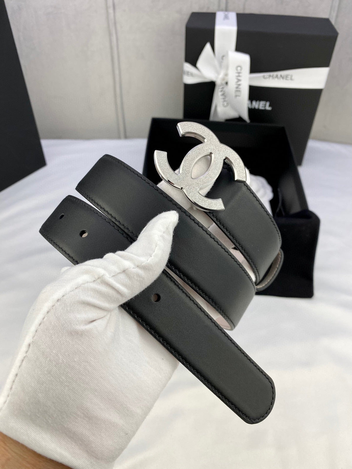 DOUBLE C BELT 30MM IN BLACK CALFSKIN METAL BUCKLE